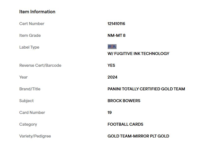 2024 Panini Totally Certified Brock Bowers Gold Team #19 Mirror Platinum Gold PSA 8