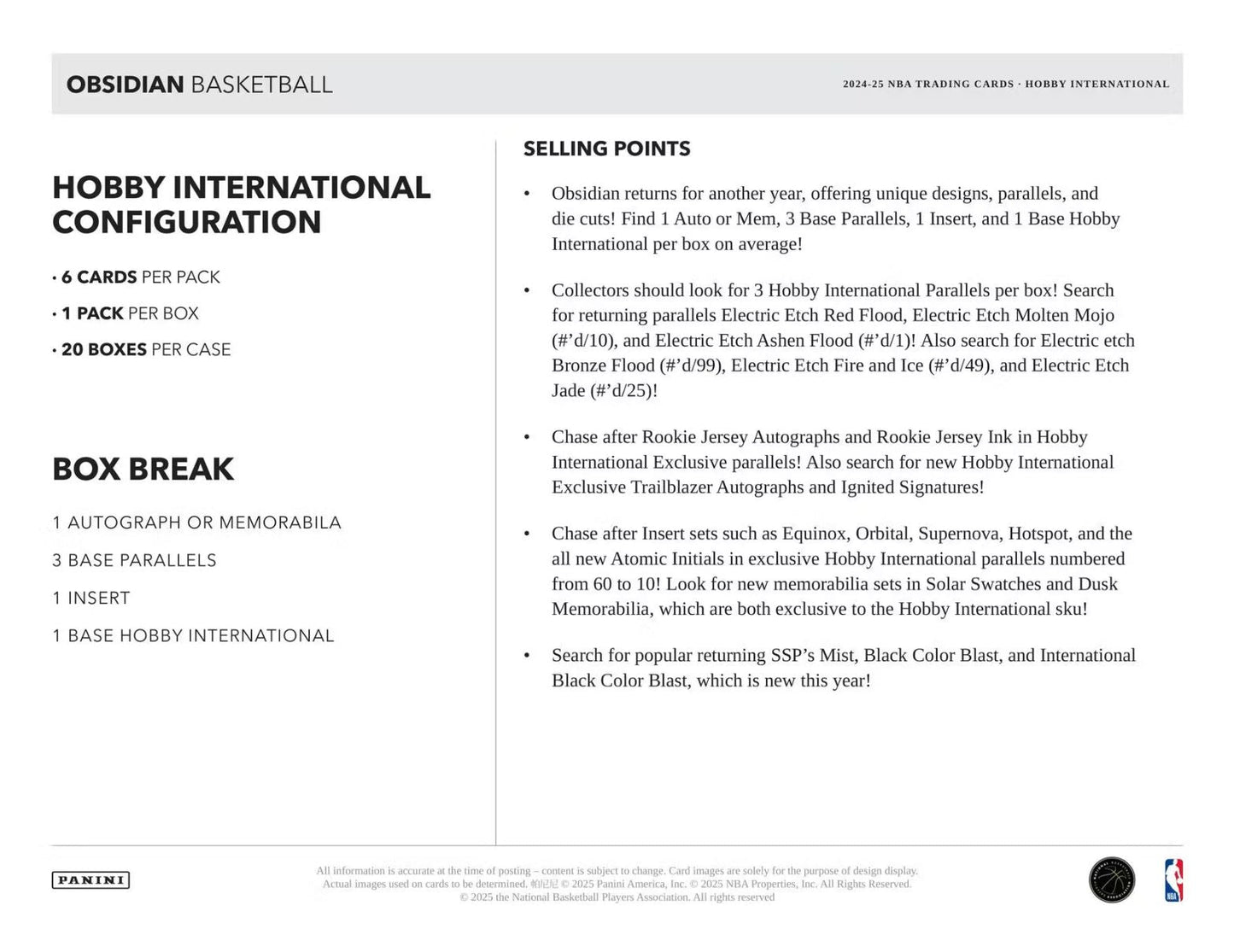 2024-25 Panini Obsidian Basketball International Hobby Box