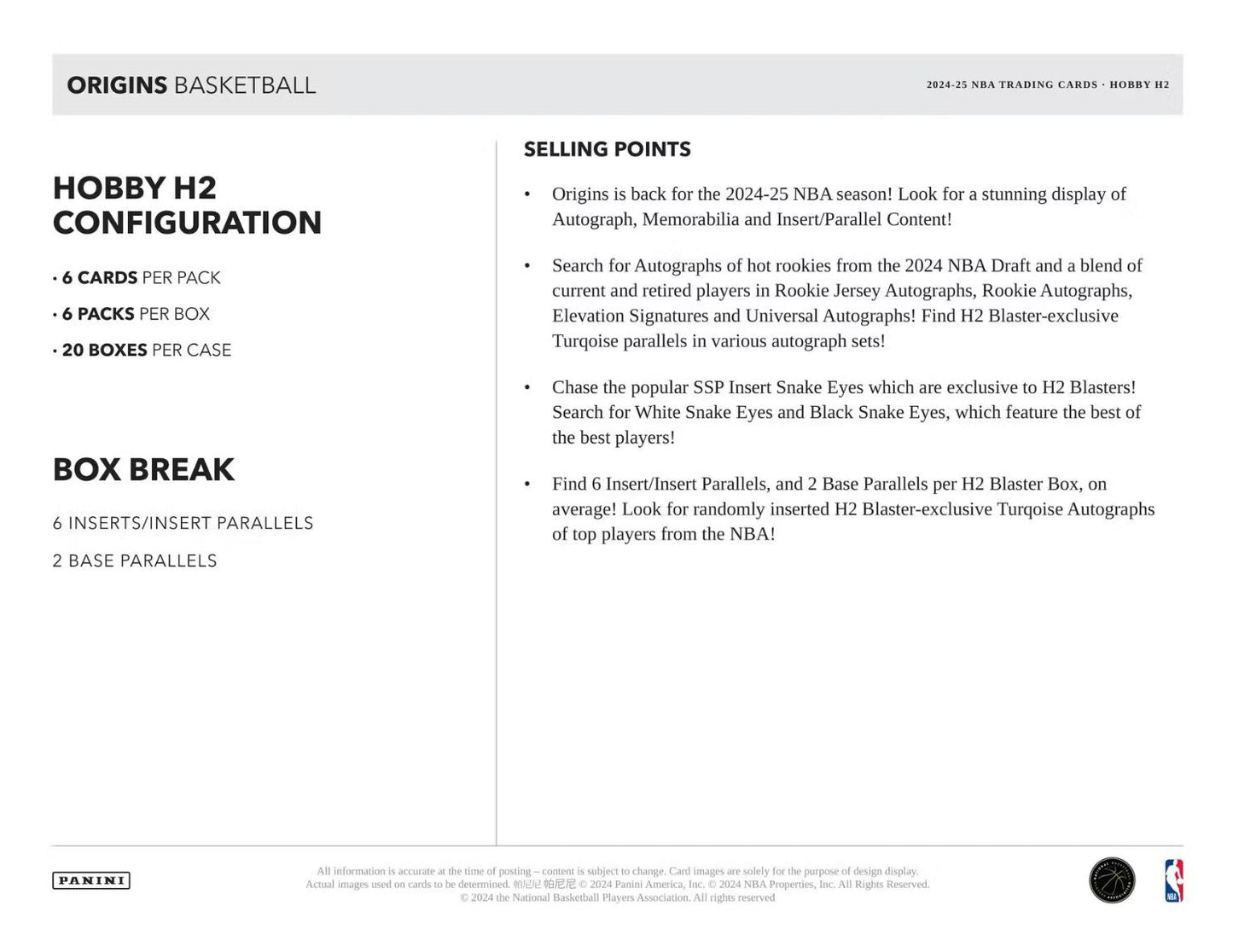 2024-25 Panini Origins Basketball H2 Box