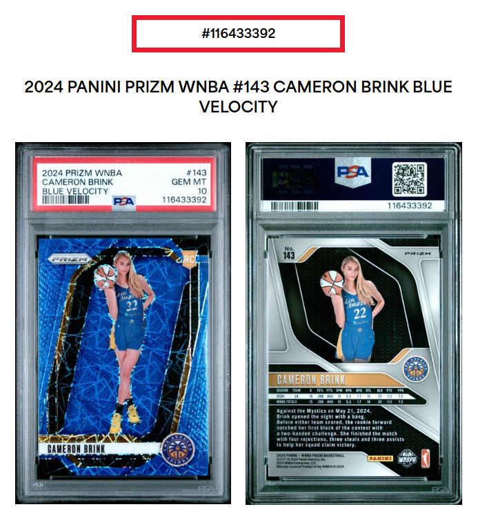 2024 Prizm WNBA-Cameron Brink-Blue Velocity #143 PSA 10