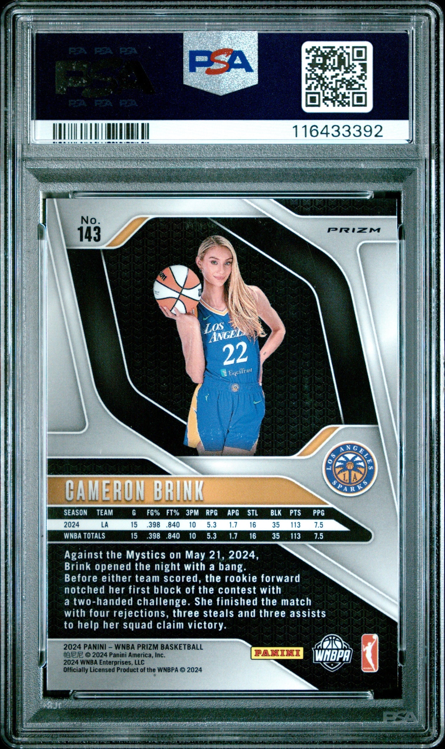 2024 Prizm WNBA-Cameron Brink-Blue Velocity #143 PSA 10