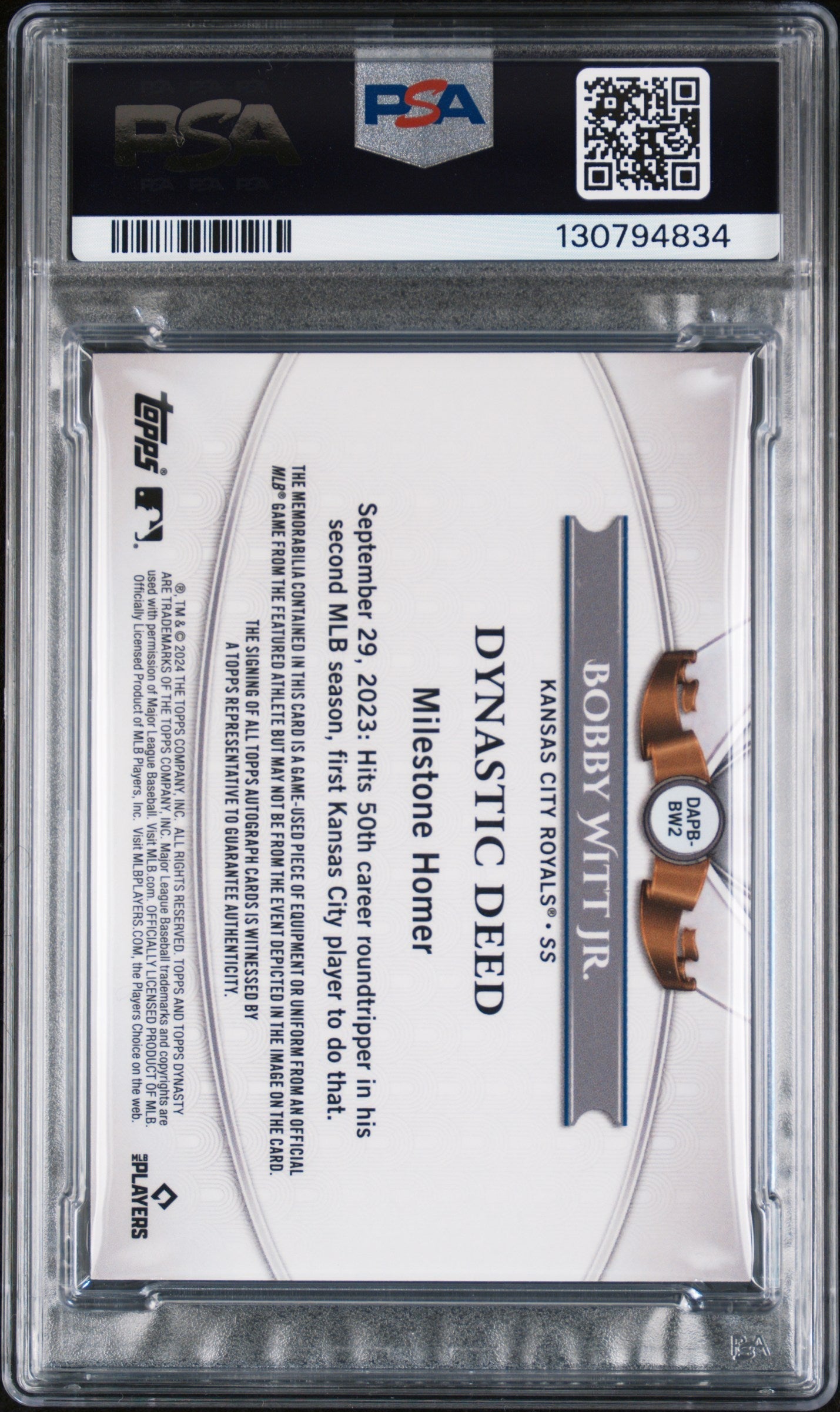 2024 Topps Dynasty Bobby Witt Jr. Auto Patch Vertical PSA 9 W 10 Auto #'d 05/10