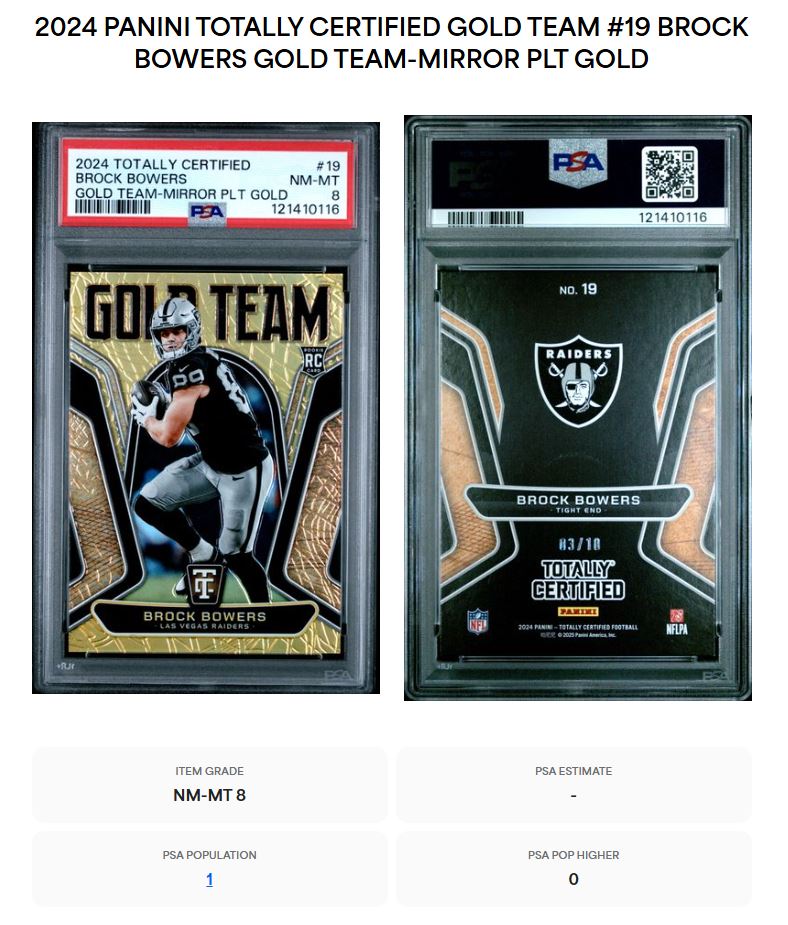 2024 Panini Totally Certified Brock Bowers Gold Team #19 Mirror Platinum Gold PSA 8