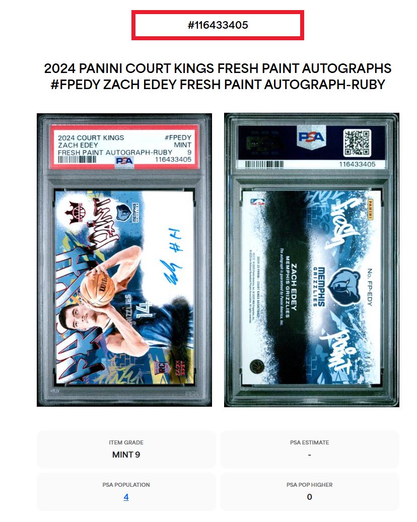 2024-25 Court Kings Fresh Paint Autographs Zach Edey #'d 99 PSA 9
